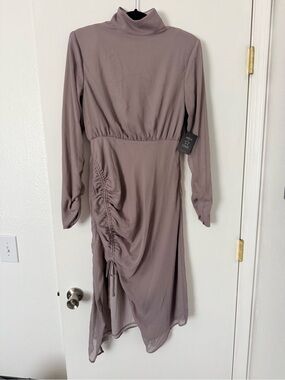 Ruched Long Sleeve Midi Dress in Gray